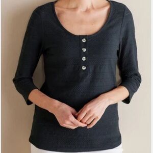 Soft Surroundings M Black Textured 3/4 Sleeves Scoop Neck Jude Henley Top NWOT